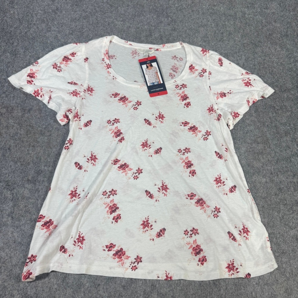 Lucky Brand Womens Floral Scoop Neck Short Sleeve T-Shirt White Pink Red M NEW